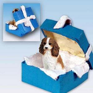 Brown & White Cavalier King Charles Spaniel Dog in Blue Gift Box Christmas Ornament