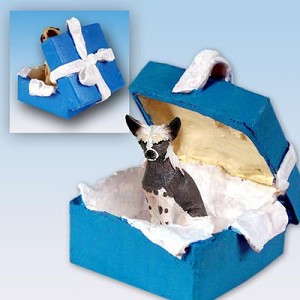Blue Gift Box Chinese Crested Dog in Blue Gift Box Christmas Ornament – Hand-Painted Stone Resin
