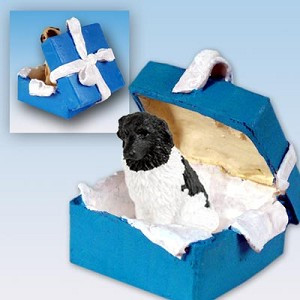 Black and white Landseer Dog in Blue Gift Box Christmas Ornament – Hand-Painted Stone Resin