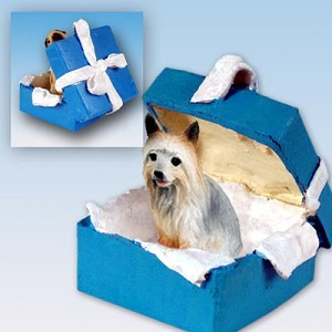 Blue Silky Terrier Dog in Blue Gift Box Christmas Ornament – Hand-Painted Stone Resin