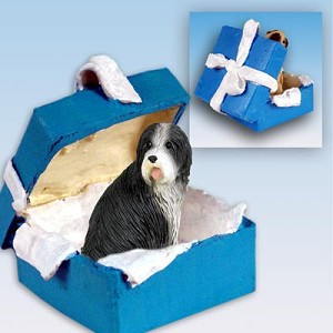 Black and white Bearded Collie Dog in Blue Gift Box Christmas Ornament – Hand-Painted Stone Resin