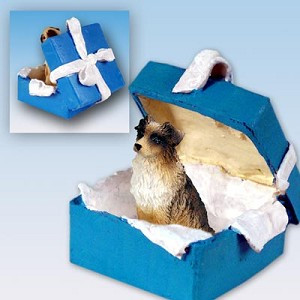 Brown Australian Shepherd Dog in Blue Gift Box Christmas Ornament – Hand-Painted Stone Resin
