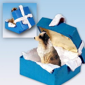 Brown Docked Australian Shepherd Dog in Blue Gift Box Christmas Ornament – Hand-Painted Stone Resin