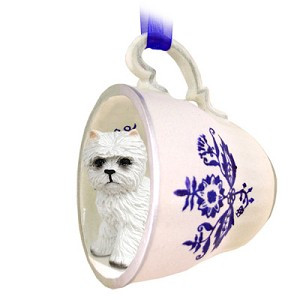 West Highland White Terrier Dog in Blue Tea Cup Hanging Ornament – Hand-Painted Stone Resin