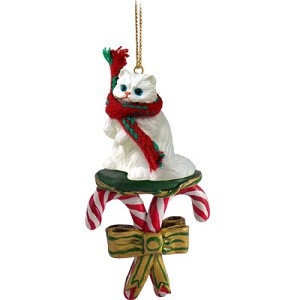White Persian Cat with Candy Canes Christmas Ornament – Hand-Painted Stone Resin