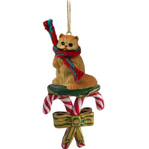 Red Persian Cat with Candy Canes Christmas Ornament – Hand-Painted Stone Resin