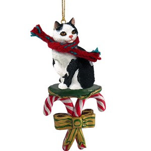 Black & White Manx Cat with Candy Canes Christmas Ornament – Hand-Painted Stone Resin