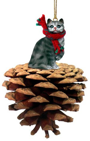 Silver Shorthaired Tabby Cat on Pinecone Christmas Ornament – Hand-Painted Stone Resin