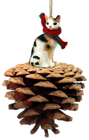 Tortoise & White Cornish Rex Cat on Pinecone Christmas Ornament – Hand-Painted Stone Resin