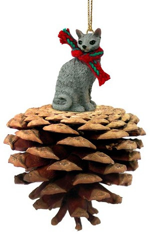 Blue Cornish Rex Cat on Pinecone Christmas Ornament – Hand-Painted Stone Resin