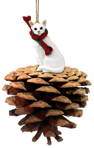 White Oriental Shorthair Cat on Pinecone Christmas Ornament – Hand-Painted Stone Resin