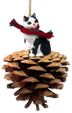 Black & White Manx Cat on Pinecone Christmas Ornament – Hand-Painted Stone Resin