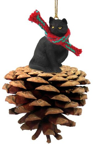 Black Shorthaired Tabby Cat on Pinecone Christmas Ornament – Hand-Painted Stone Resin