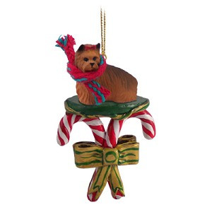 Brown Yorkshire Terrier Dog with Candy Canes Christmas Ornament – Hand-Painted Stone Resin