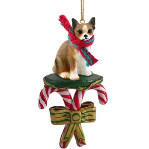 Brindle & White Chihuahua Dog with Candy Canes Christmas Ornament – Hand-Painted Stone Resin