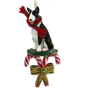 Brindle Bull Terrier Dog with Candy Canes Christmas Ornament – Hand-Painted Stone Resin