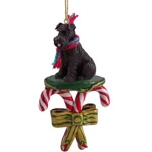 Black Uncropped Ears Schnauzer Dog with Candy Canes Christmas Ornament – Hand-Painted Stone Resin