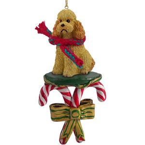 Apricot Sport Cut Poodle Dog with Candy Canes Christmas Ornament – Hand-Painted Stone Resin