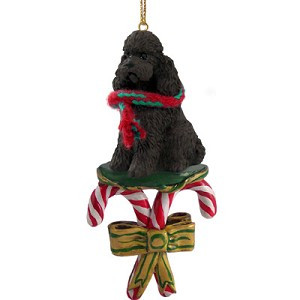 Chocolate Sport Cut Poodle Dog with Candy Canes Christmas Ornament – Hand-Painted Stone Resin