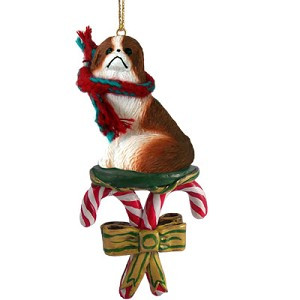 Red & White Japanese Chin Dog with Candy Canes Christmas Ornament – Hand-Painted Stone Resin