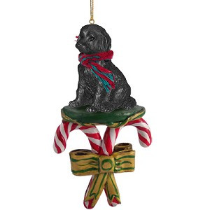 Black Labradoodle Dog with Candy Canes Christmas Ornament – Hand-Painted Stone Resin