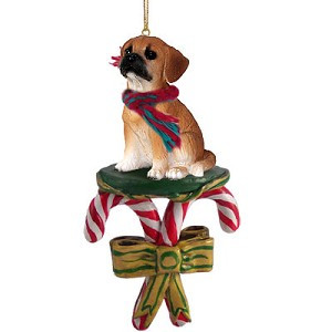Puggle Dog with Candy Canes Christmas Ornament – Hand-Painted Stone Resin