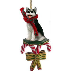 Black & White Brown Eyes Husky Dog with Candy Canes Christmas Ornament – Hand-Painted Stone Resin