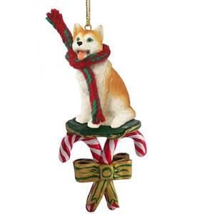Red & White Blue Eyes Husky Dog with Candy Canes Christmas Ornament – Hand-Painted Stone Resin