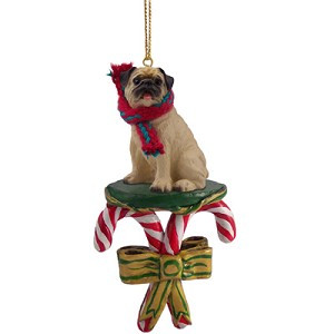 Fawn Pug Dog with Candy Canes Christmas Ornament – Hand-Painted Stone Resin