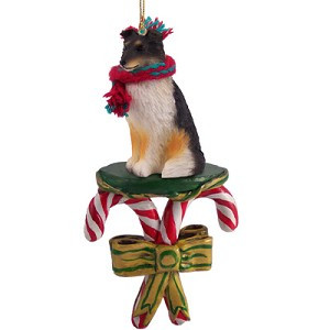 Tricolor Sheltie Dog with Candy Canes Christmas Ornament – Hand-Painted Stone Resin
