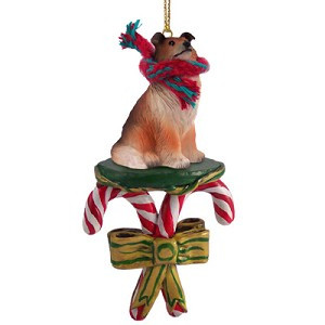 Sable Collie Dog with Candy Canes Christmas Ornament – Hand-Painted Stone Resin