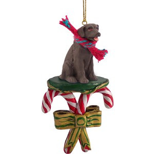 Chocolate Labrador Retriever Dog with Candy Canes Christmas Ornament – Hand-Painted Stone Resin