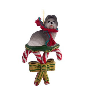 Gray Shih Tzu Dog with Candy Canes Christmas Ornament – Hand-Painted Stone Resin