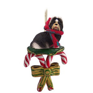 Black & White Shih Tzu Dog with Candy Canes Christmas Ornament – Hand-Painted Stone Resin