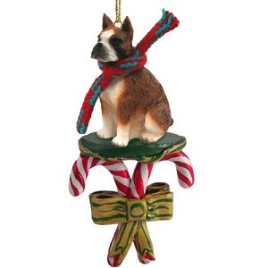 Brindle Boxer Dog with Candy Canes Christmas Ornament – Hand-Painted Stone Resin