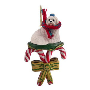 White Maltese Dog with Candy Canes Christmas Ornament – Hand-Painted Stone Resin