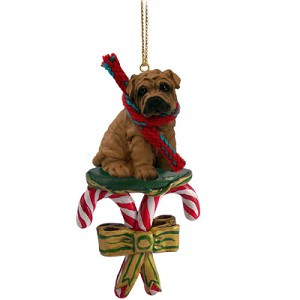 Brown Shar Pei Dog with Candy Canes Christmas Ornament – Hand-Painted Stone Resin