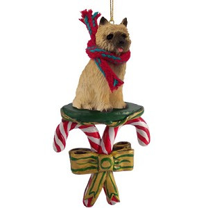Red Cairn Terrier Dog with Candy Canes Christmas Ornament – Hand-Painted Stone Resin
