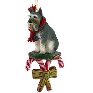 Gray Giant Schnauzer Dog with Candy Canes Christmas Ornament – Hand-Painted Stone Resin