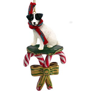 Black & White Rough Coat Jack Russell Terrier Dog with Candy Canes Christmas Ornament