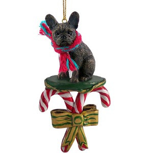French Bulldog with Candy Canes Christmas Ornament – Hand-Painted Stone Resin