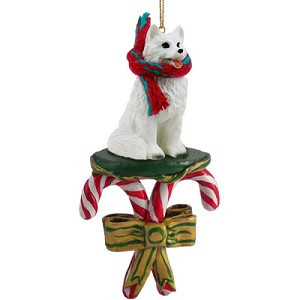 American Eskimo Dog with Candy Canes Christmas Ornament – Hand-Painted Stone Resin