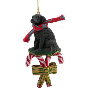 Black Flat Coated Retriever Dog with Candy Canes Christmas Ornament – Hand-Painted Stone Resin