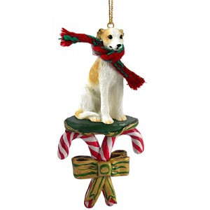Tan & White Whippet Dog with Candy Canes Christmas Ornament – Hand-Painted Stone Resin