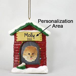 Red Pomeranian Dog at Dog House Christmas Ornament – Hand-Painted Stone Resin
