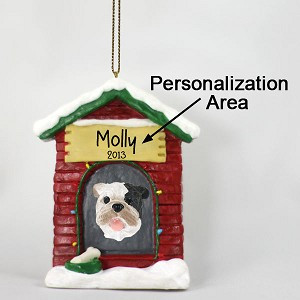 Brindle Bulldog at Dog House Christmas Ornament – Hand-Painted Stone Resin
