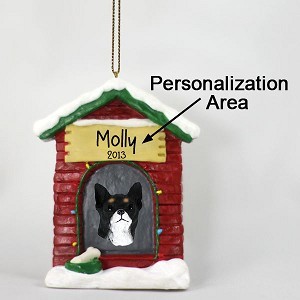 Black & White Chihuahua Dog at Dog House Christmas Ornament – Hand-Painted Stone Resin