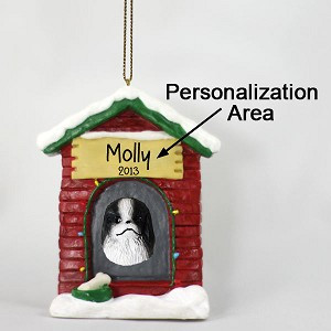 Black & White Japanese Chin Dog at Dog House Christmas Ornament – Hand-Painted Stone Resin