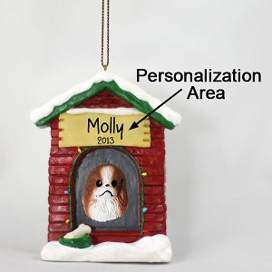 Red & White Japanese Chin Dog at Dog House Christmas Ornament – Hand-Painted Stone Resin