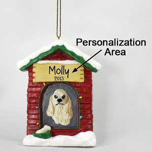 Blonde Cocker Spaniel Dog at Dog House Christmas Ornament – Hand-Painted Stone Resin